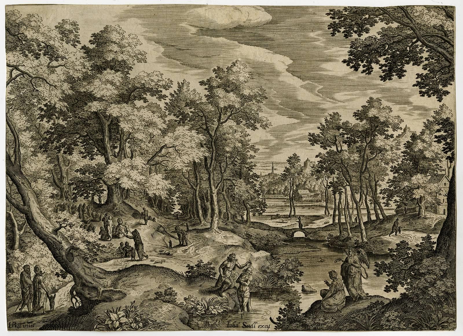 Johannes Sadeler I Landscape Print - Untitled - Landscape with the baptism of Christ.