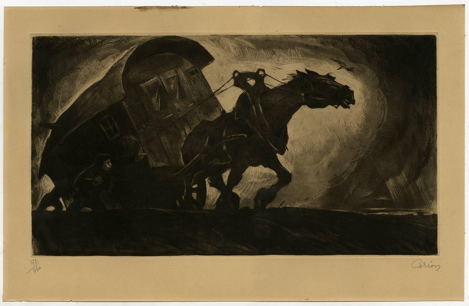Marius Carion Animal Print - Untitled - A wagon pulled by a horse.