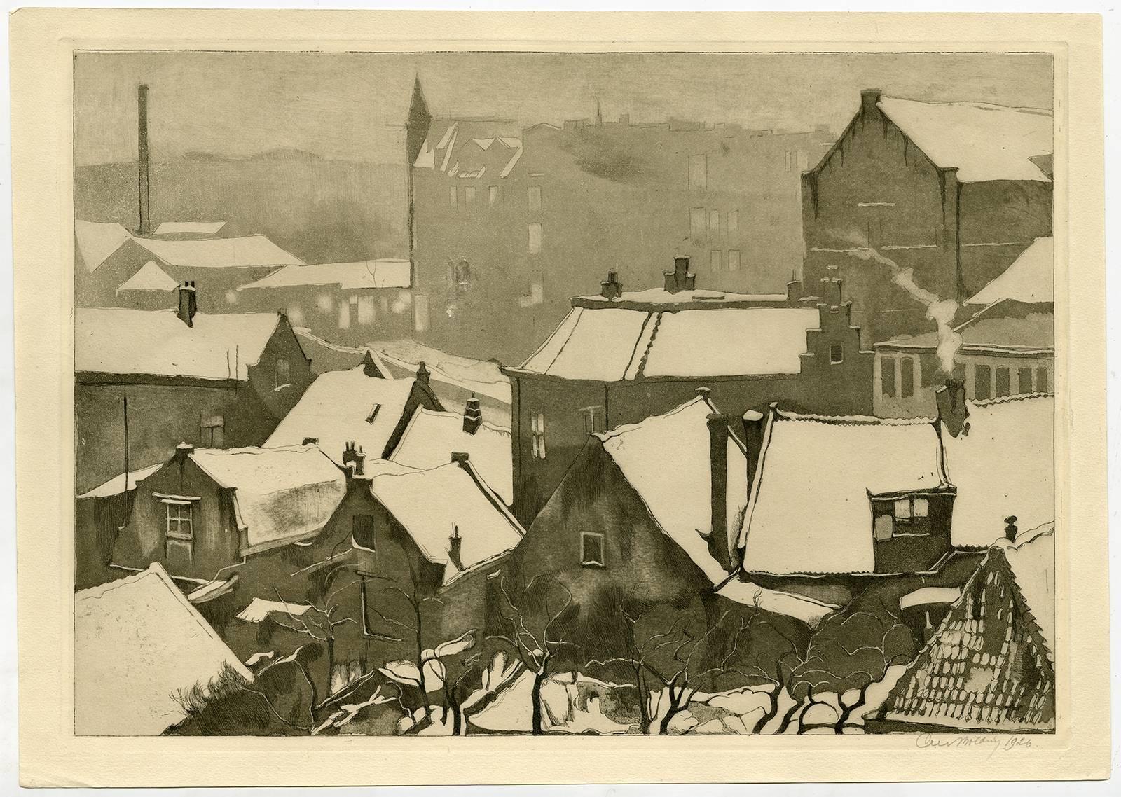 Cornelis (Cees) Bolding Landscape Print - Untitled - View of a city in snow.