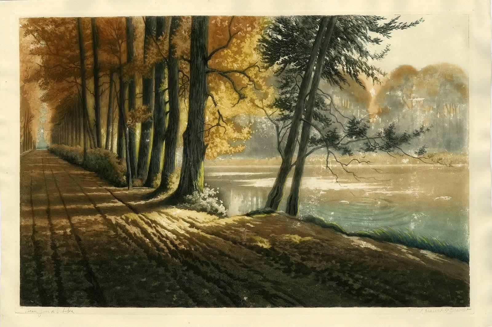 Paul-Armand Girardet Landscape Print - Beau Jour d'Octobre - An autumn landscape with trees and lake.
