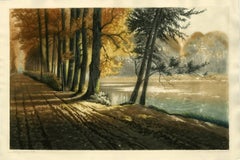 Beau Jour d'Octobre - An autumn landscape with trees and lake.