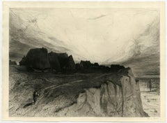 Untitled - Large dramatic view of a probably French seaside village at sunset.