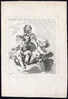 Untitled - Three putti / cherubs making music, with a flute and tambourine.