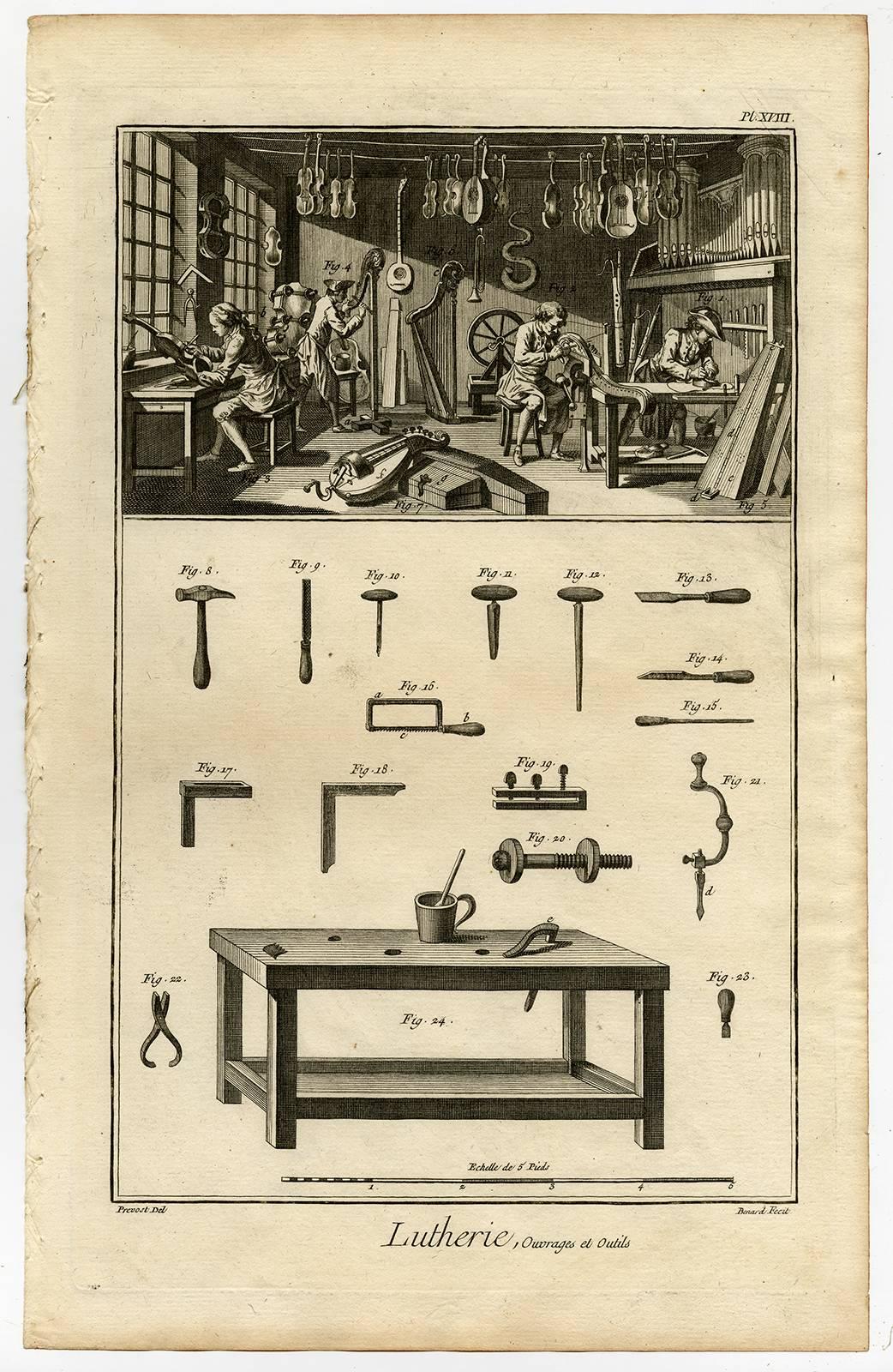 J.A. Defehrt and Bonaventure Benoit-Louis Prevost  Figurative Print - Lutherie, Ouvrages et Outils - Plate 18: Luthier, Workshop, Musical instrument.