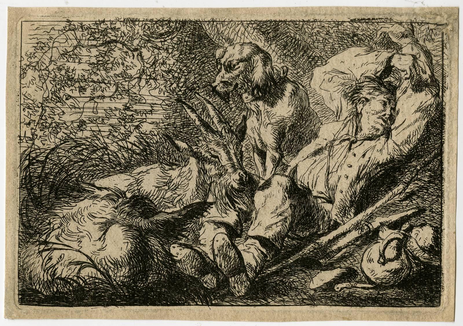 Friedrich Muller Figurative Print - Untitled - A sleeping shepherd with his dog and goats.