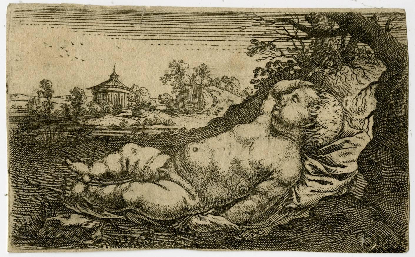 Christoph Metzger Figurative Print - Untitled - A sleeping child in a landscape.