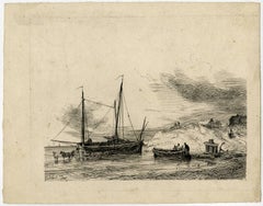 Antique Untitled - Fishing ship being unloaded at low tide.