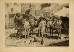 Set of 5, untitled - Pack animals on a market square.