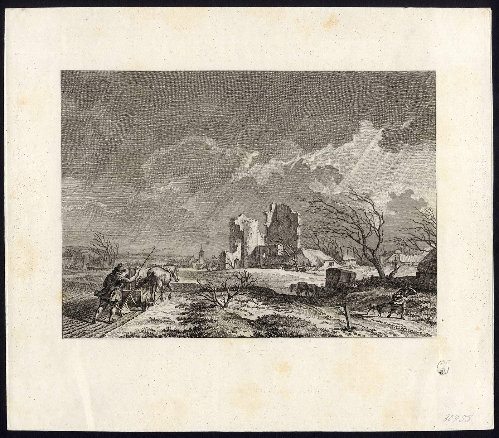 12 Dutch rural village views, each representing a month of the year. Subjects include ice skating, a horse-drawn tug boat (trekschuit), ploughing and harvesting. Set of twelve months, published as such, here as the rare proofs before