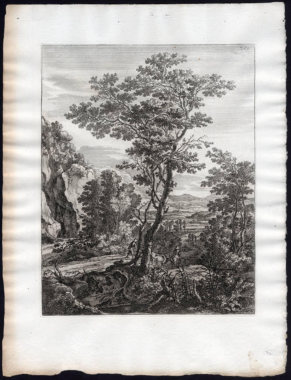 The complete set of four Italianate landscape engravings: 1) a large tree, 2) a woman on a mule, 3) two mules on a path, 4) resting travellers. Each of the landscapes is a mountainous area with several rural figures.
4 Etchings on hand laid paper,
