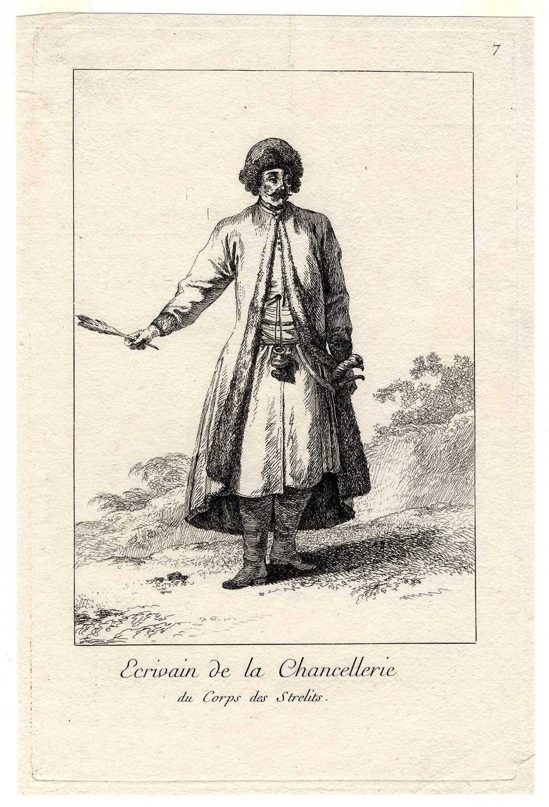 Set of 7 prints from the set of 8 titled 'Les Strelits'. It shows different ranks of soldiers, who were part of the ancient militia of the Strelitz. Le Prince mentions on the title print, that these prints also serve as a depiction of the clothing