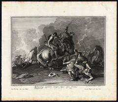 Set of four prints with soldiers on horseback in combat.