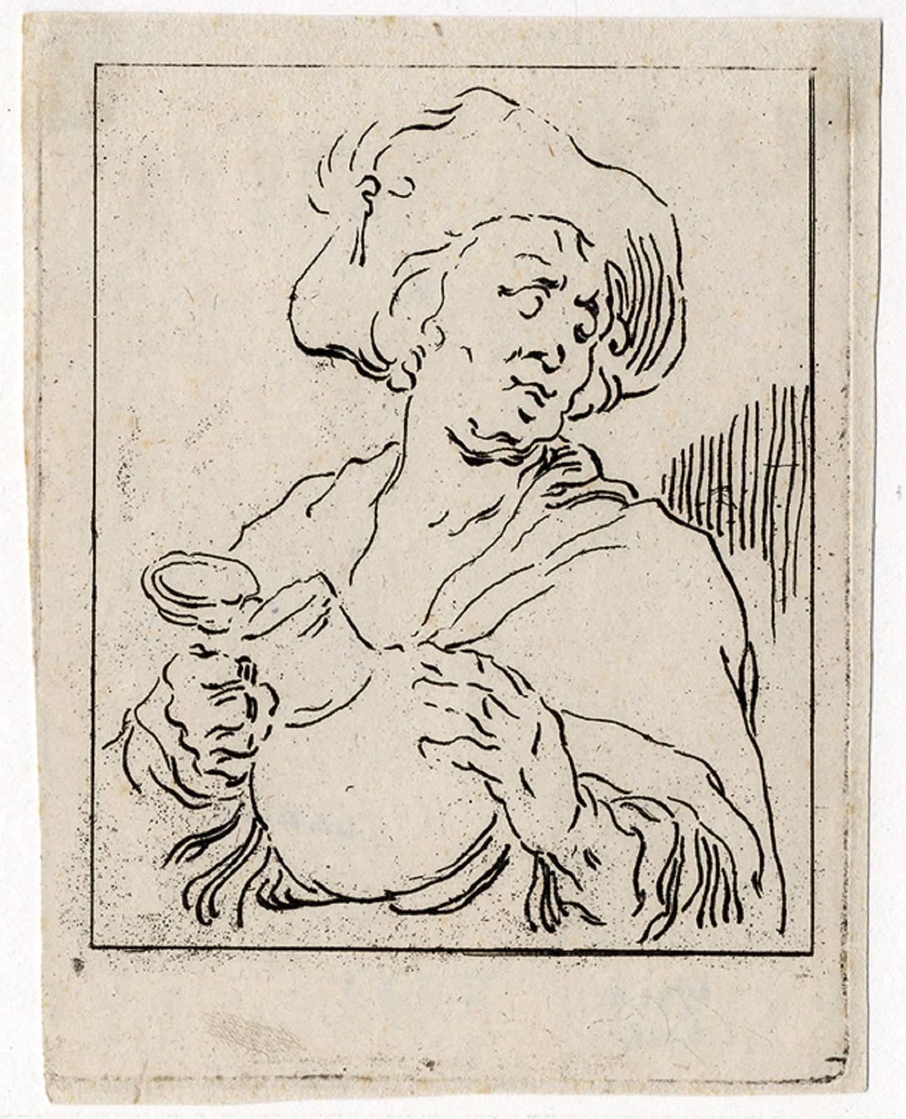  2 Antique master prints, Untitled - A man with a jug. - Print by Anthonie van den Bosch