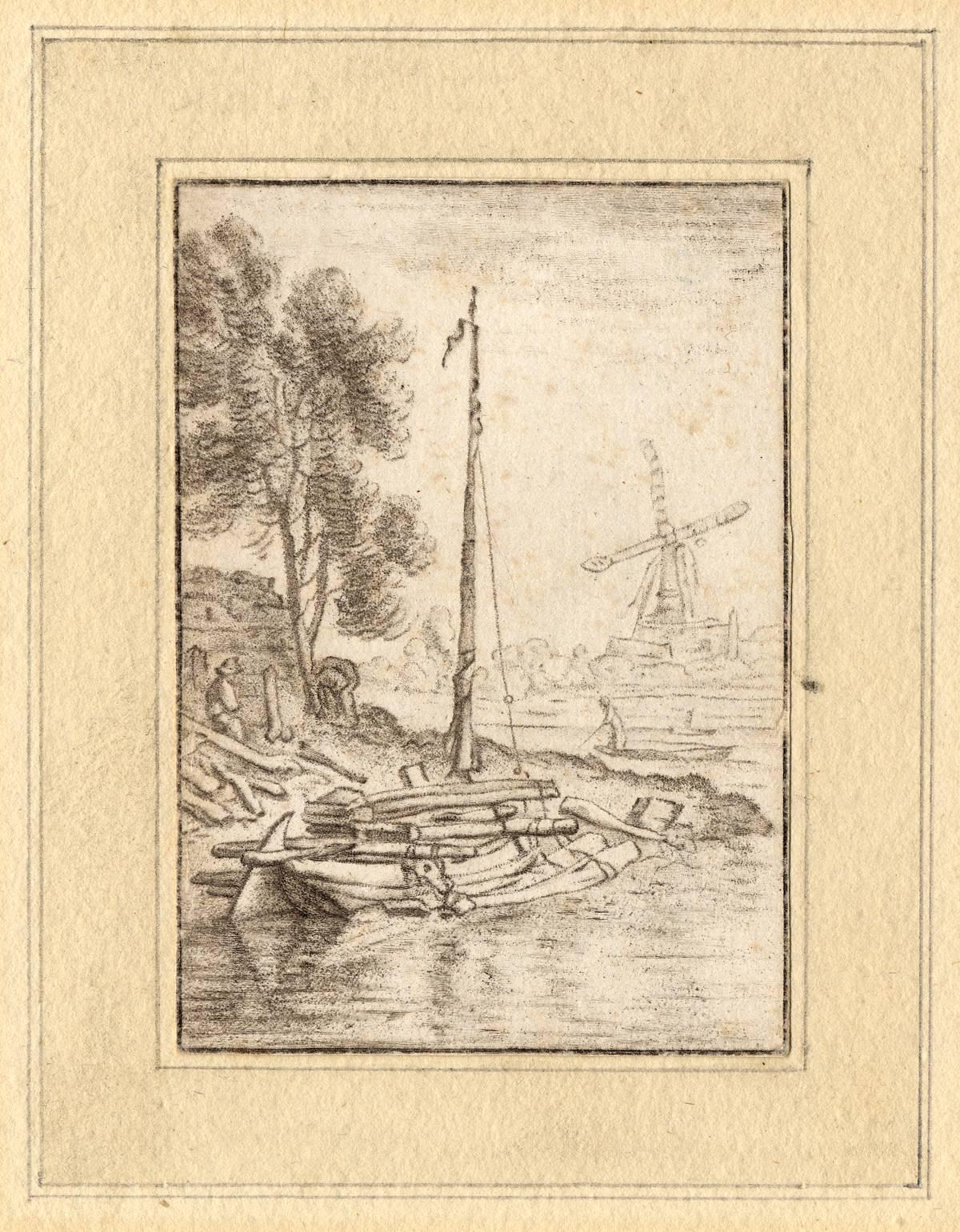 Set of 2 prints: A ship's wharf & A bend in the river with a ship. - Print by Cornelis Ploos van Amstel