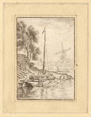 Set of 2 prints: A ship's wharf & A bend in the river with a ship.