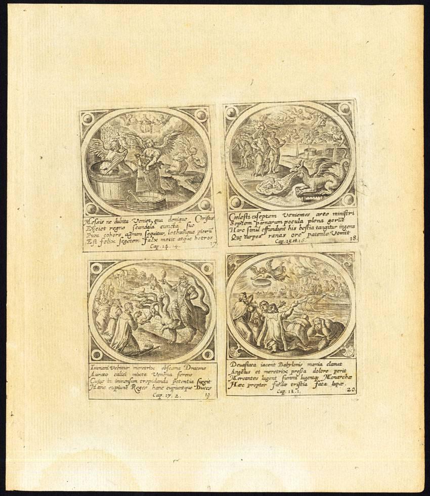 24 Plates on 6 sheets: 'Visiones Apocalipticae.' Complete and very scarse set of 6 plates with 24 engravings relating to the apocalypse of John or the Book of Revelation in the new testament.
Copperplate engravings on verge type hand laid paper.