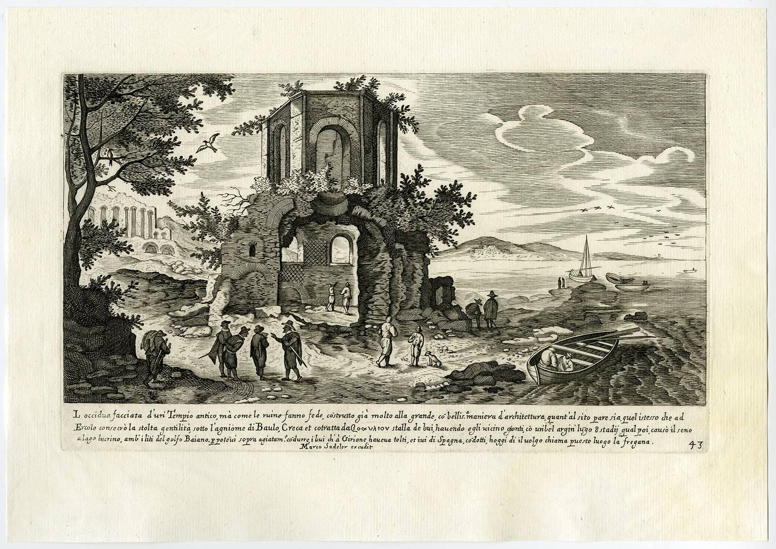 Untitled - View of a ruined temple near a shore. - Print by Aegidius Sadeler II