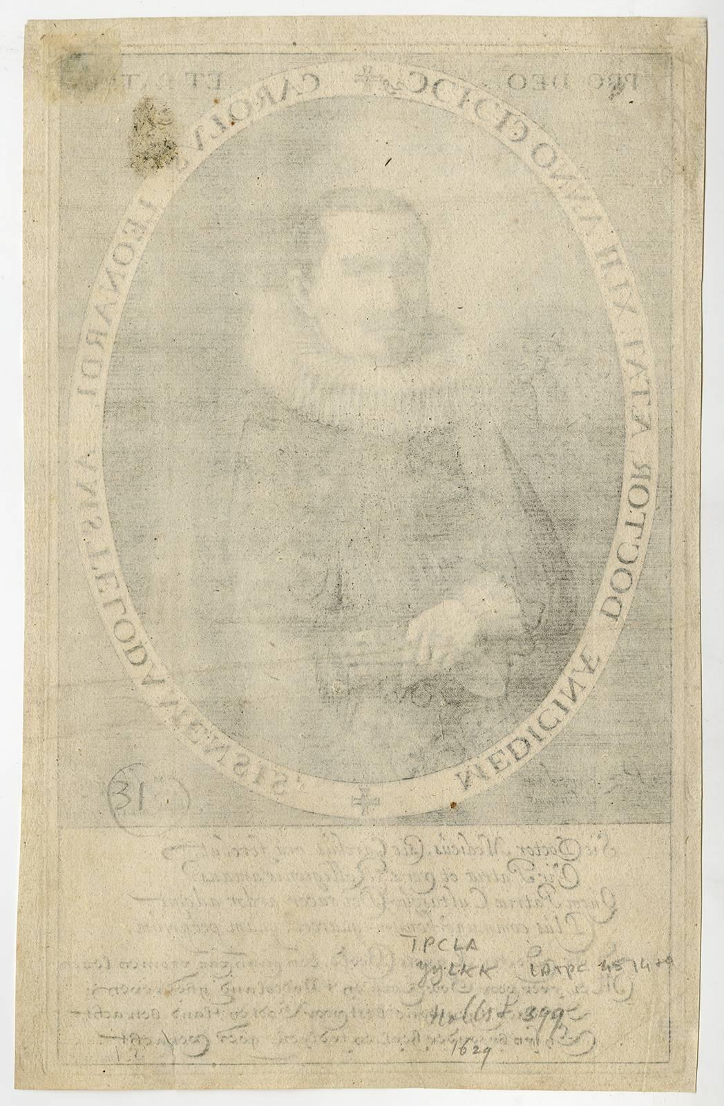 Carolus Leonardi [..] - Portrait of the physician Carolus Leonardi. - Print by Jan Van de Velde