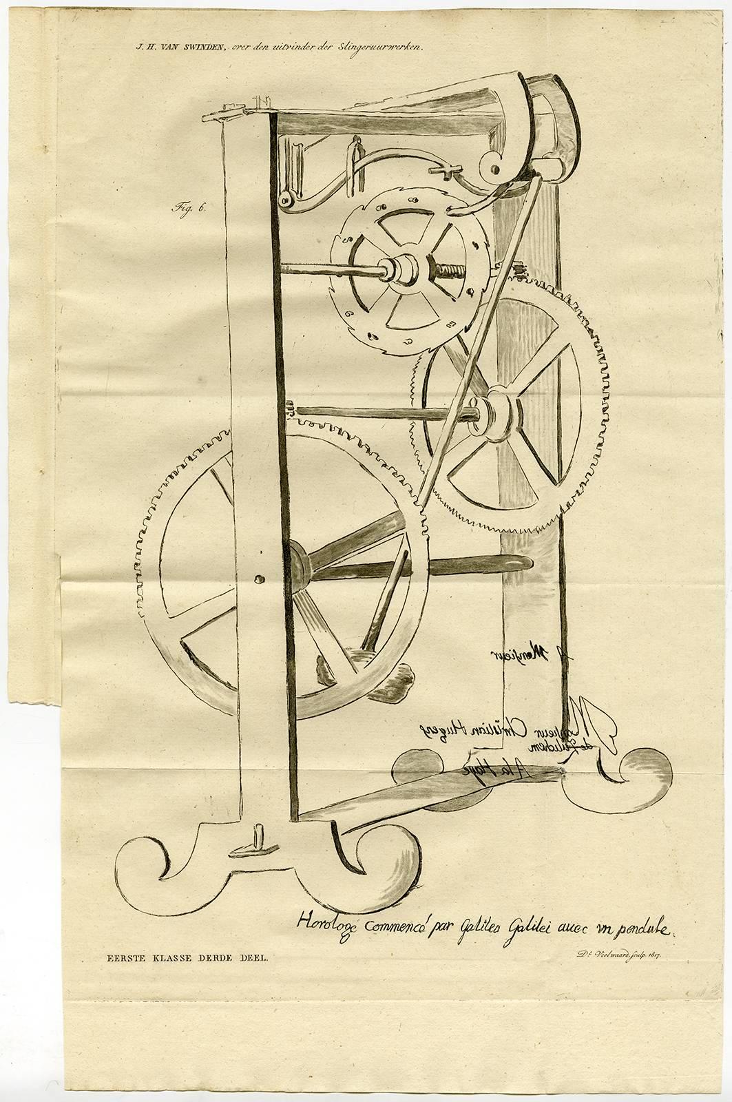 Engraving / etching on hand laid (verge) paper.

Verhandeling over Huygens, als uitvinder der slinger-uurwerken, door J.H. van Swinden.' - ('Essay about Constantijn Huygens, the inventor of the pendulum clock'). Complete with 142 pages of text and 5