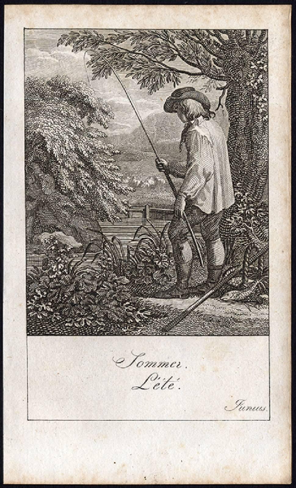It shows: a set of four prints, together the four seasons. Spring (Marz/March) shows a Putto holding a torch, seated on a basket of flowers in front of which two doves 'kiss'. Summer (Junius/June) shows a fisherman at water's edge. Autumn