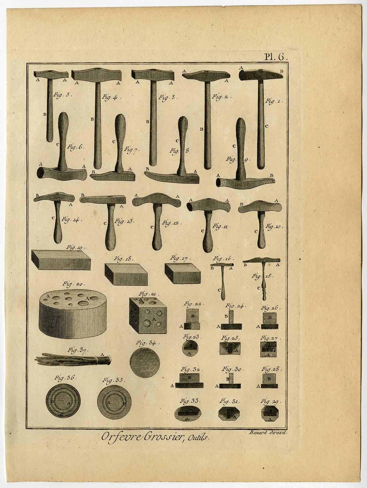 Etching / engraving on hand laid paper.

Plate 1-12: Complete set of 12 plates on Goldsmithing or silversmithing, the art of making objects by a skilled craftsman called goldsmith or silversmith, tools and workshop.

This print originates from