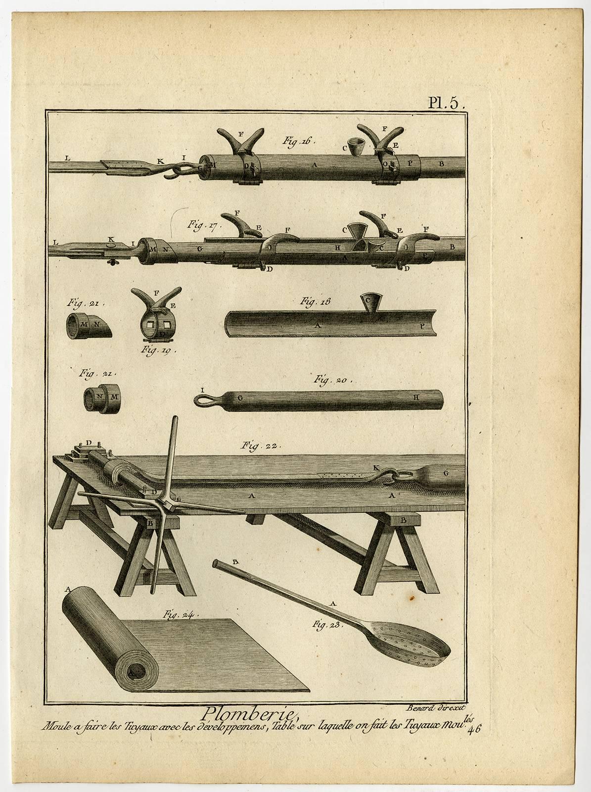 Etching / engraving on hand laid paper.

Plate 1-8: Complete set of 8 plates on lead smelting, the furnace for smelting lead, pencil making and a toasting furnace. Details of tools and workshops.