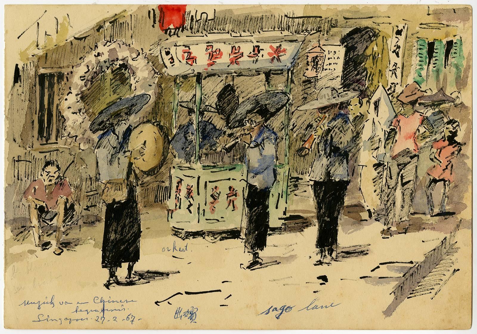 Chinese begrafenis. Singapoer. 27-2-67. - Art by Evert Jan Ligtelijn