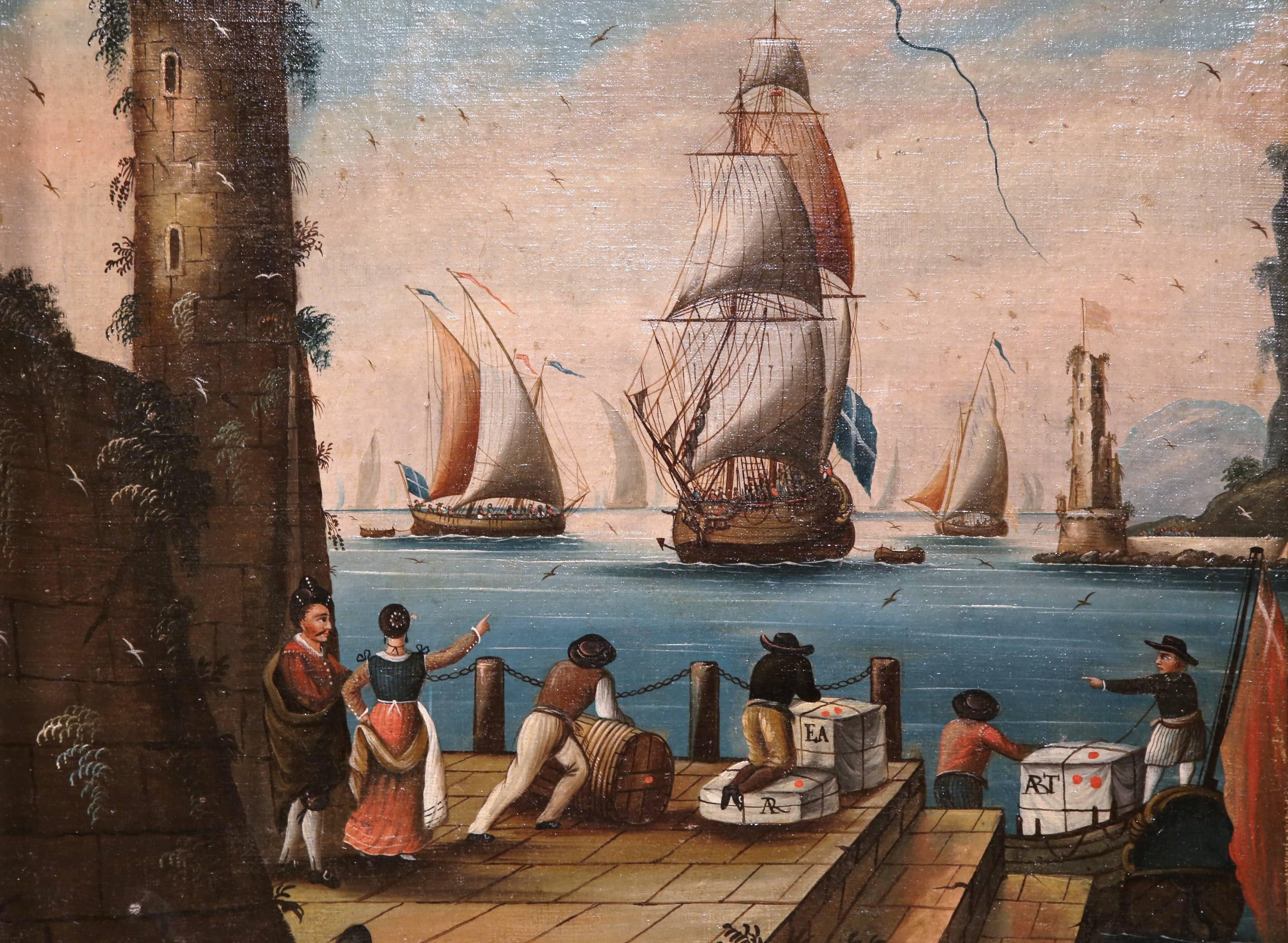 Invite color into your home with this large antique oil on canvas painting from France, circa 1820. The painting, which features a maritime, harbor entrance scene, is painted in the manner of Claude Vernet (French painter, 1714-1789). In the