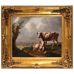 18th Century French Oil on Canvas Cow Painting in Ornate Gilt Frame