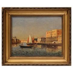 19th Century French Venice Oil on Canvas Painting in Gilt Frame Signed Chatelin