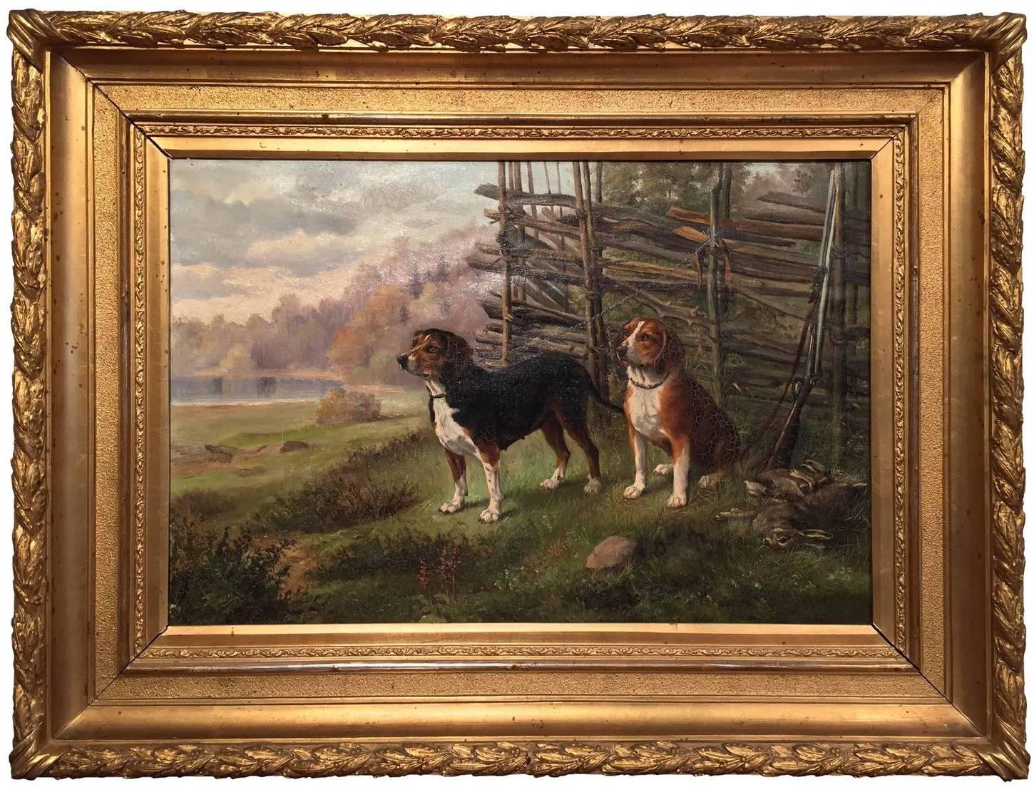 Unknown Animal Painting - 19th Century French Signed and Dated Hunting Dogs Painting in Gilt Frame 1888