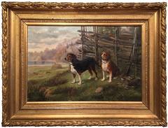 19th Century French Signed and Dated Hunting Dogs Painting in Gilt Frame 1888