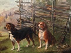 19th Century French Signed and Dated Hunting Dogs Painting in Gilt Frame 1888