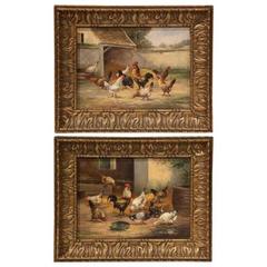 Pair of 19th Century French Signed Oil on Board Chicken Paintings in Gilt Frames