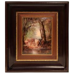 Early 20th Century, French Framed Enamel Cow Painting Signed Faure Limoges