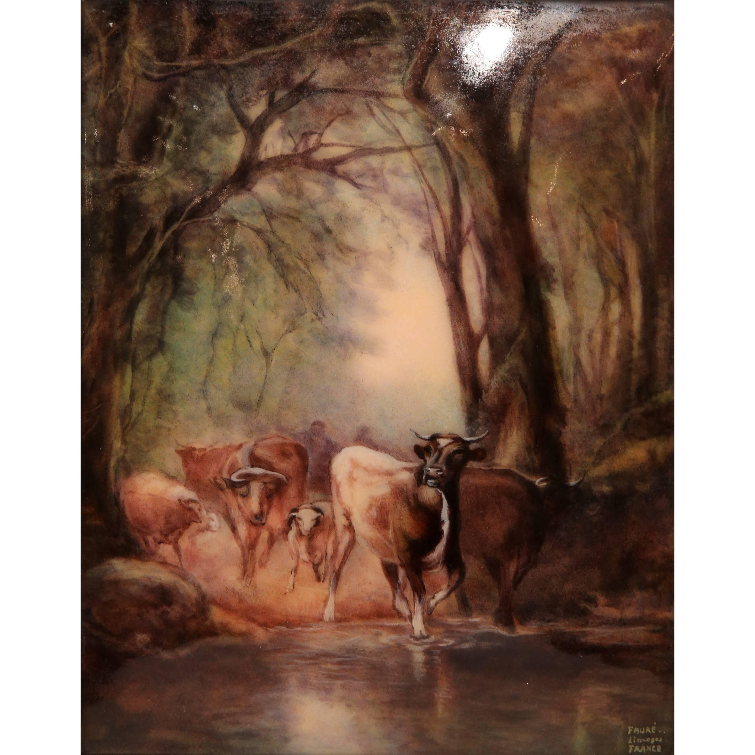 Early 20th Century, French Framed Enamel Cow Painting Signed Faure Limoges - Brown Animal Painting by Camille Fauré