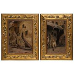 Pair of Mid-20th Century, Spanish, Oil Paintings on Board in Carved Gilt Frames