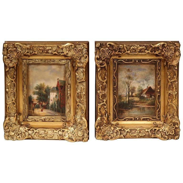 Unknown Landscape Painting - Pair of Mid-Century French Signed Oil on Board Paintings in Ornate Gilt Frames