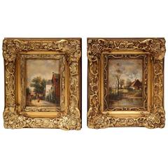 Pair of Mid-Century French Signed Oil on Board Paintings in Ornate Gilt Frames