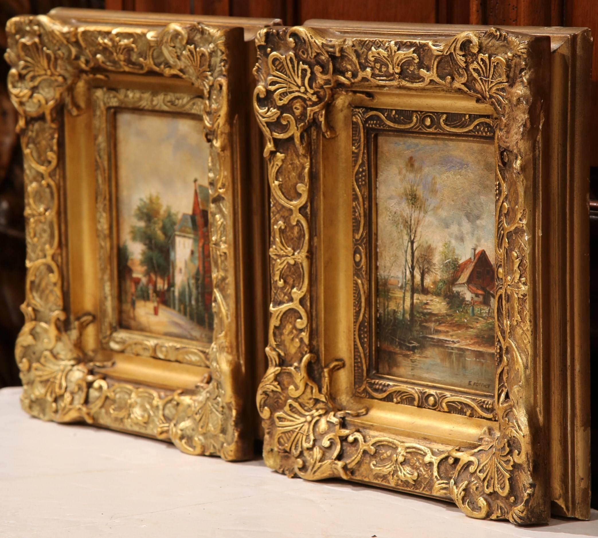 Pair of Mid-Century French Signed Oil on Board Paintings in Ornate Gilt Frames 2