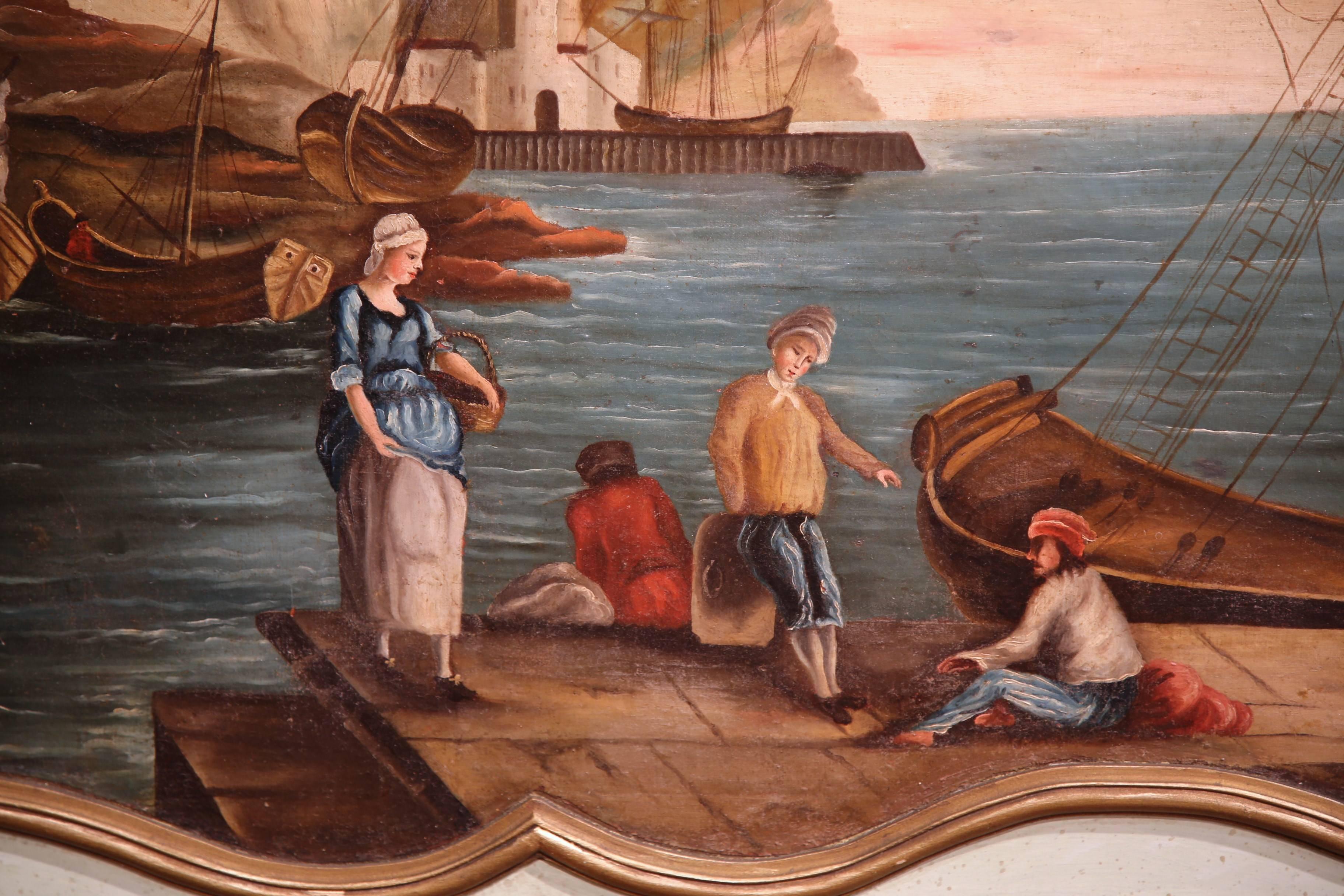 Add colorful French style to your home with this elegant pair of large, antique painted panels from southern France, circa 1880. One of the pantings features a harbor scene in the manner of Vernet, and the other has a pastoral landscape with a farm