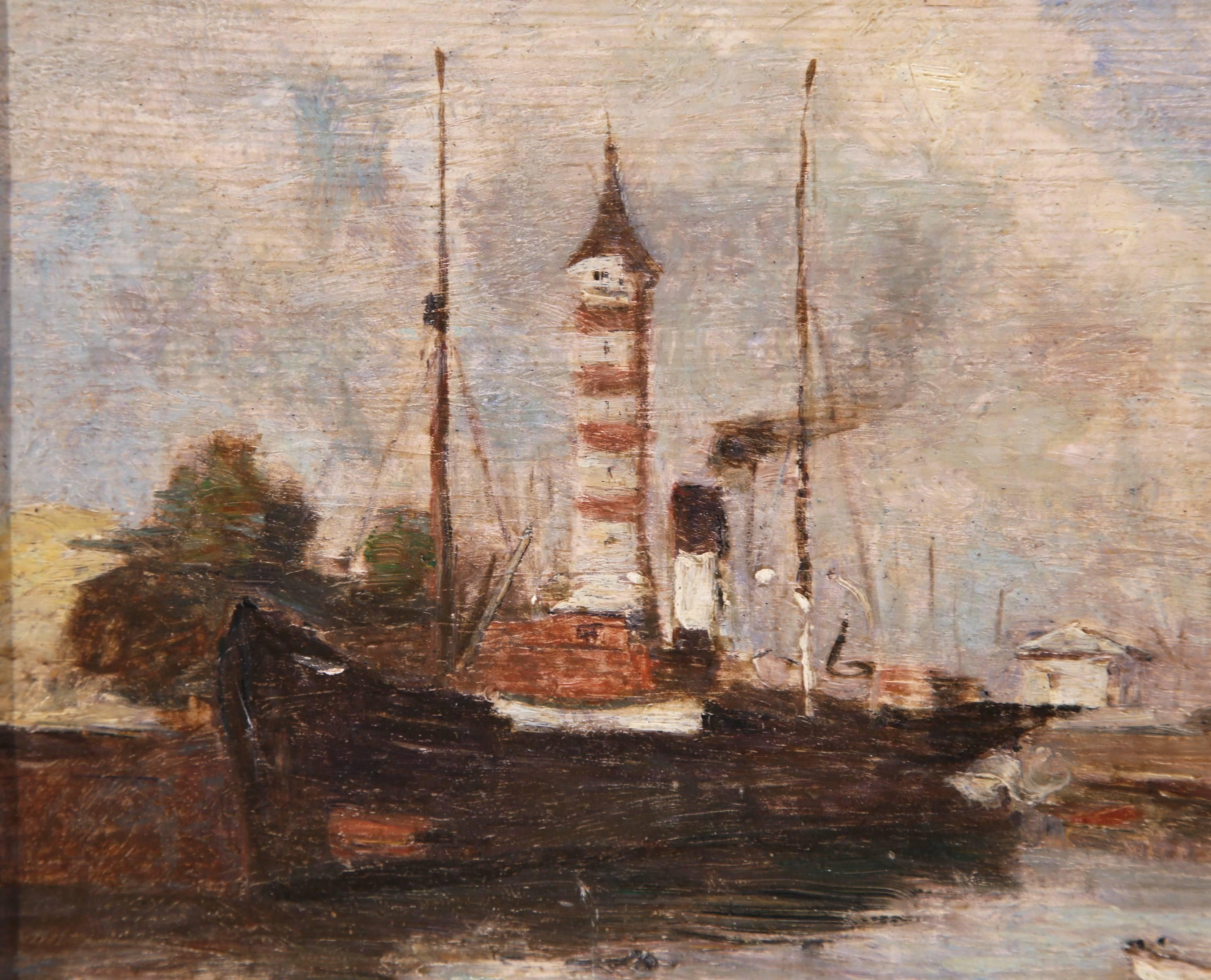 Ajoutez une vue du paysage français à votre maison avec cette belle et ancienne peinture à l'huile sur panneau. Situé à l'intérieur d'un cadre à feuilles d'or magnifiquement sculpté, le tableau est signé en bas à droite C. Pecrus. Cette scène