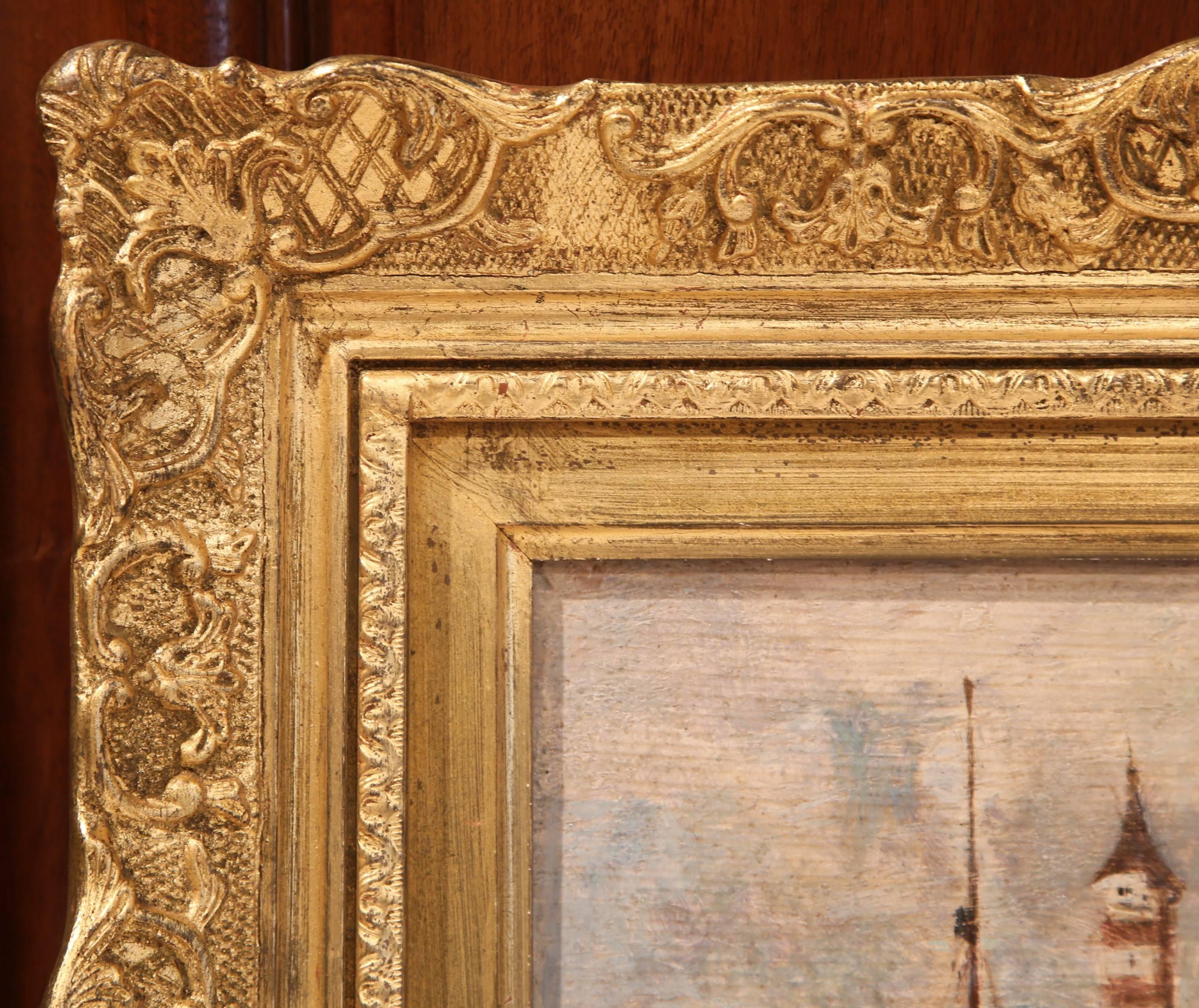Peinture à l'huile française du 19ème siècle dans un cadre doré orné signé Charles Pecrus 1