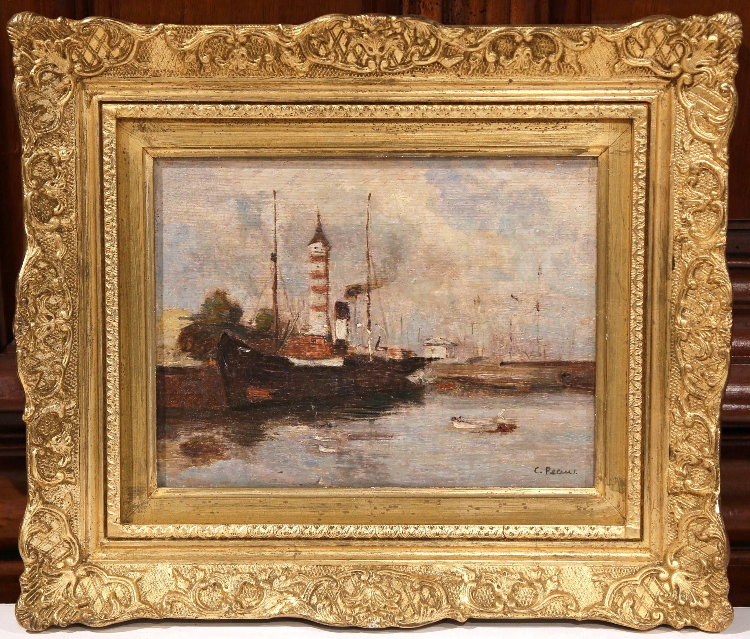 Landscape Painting Charles Francois Pecrus - Peinture à l'huile française du 19ème siècle dans un cadre doré orné signé Charles Pecrus