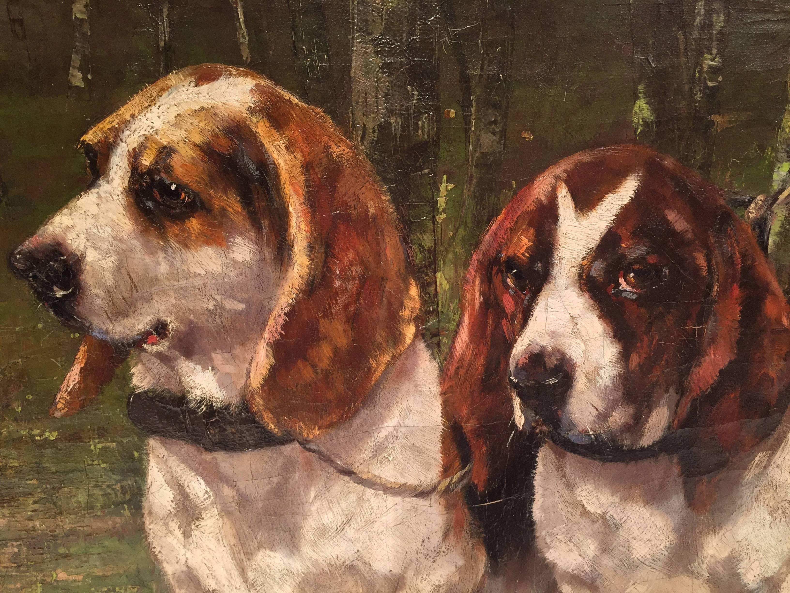 Fine 19th century oil on canvas painting depicting a pair of basset hound dogs. The painting is signed by Edmond Van Der Meulen (1841-1905).
Double frames giving dimension and depth to the painting with original plaque stating his name and the