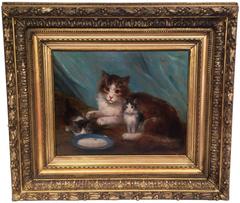 19th Century French Cat Painting Signed Hulin