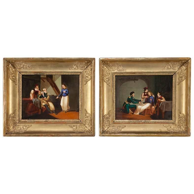 Unknown Interior Painting - Pair of 19th Century French Hand Painted Porcelain Plaques in Gilt Frames