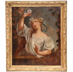 Early 18th Century Oil on Canvas Painting of a Young Beauty in Carved Gilt Frame