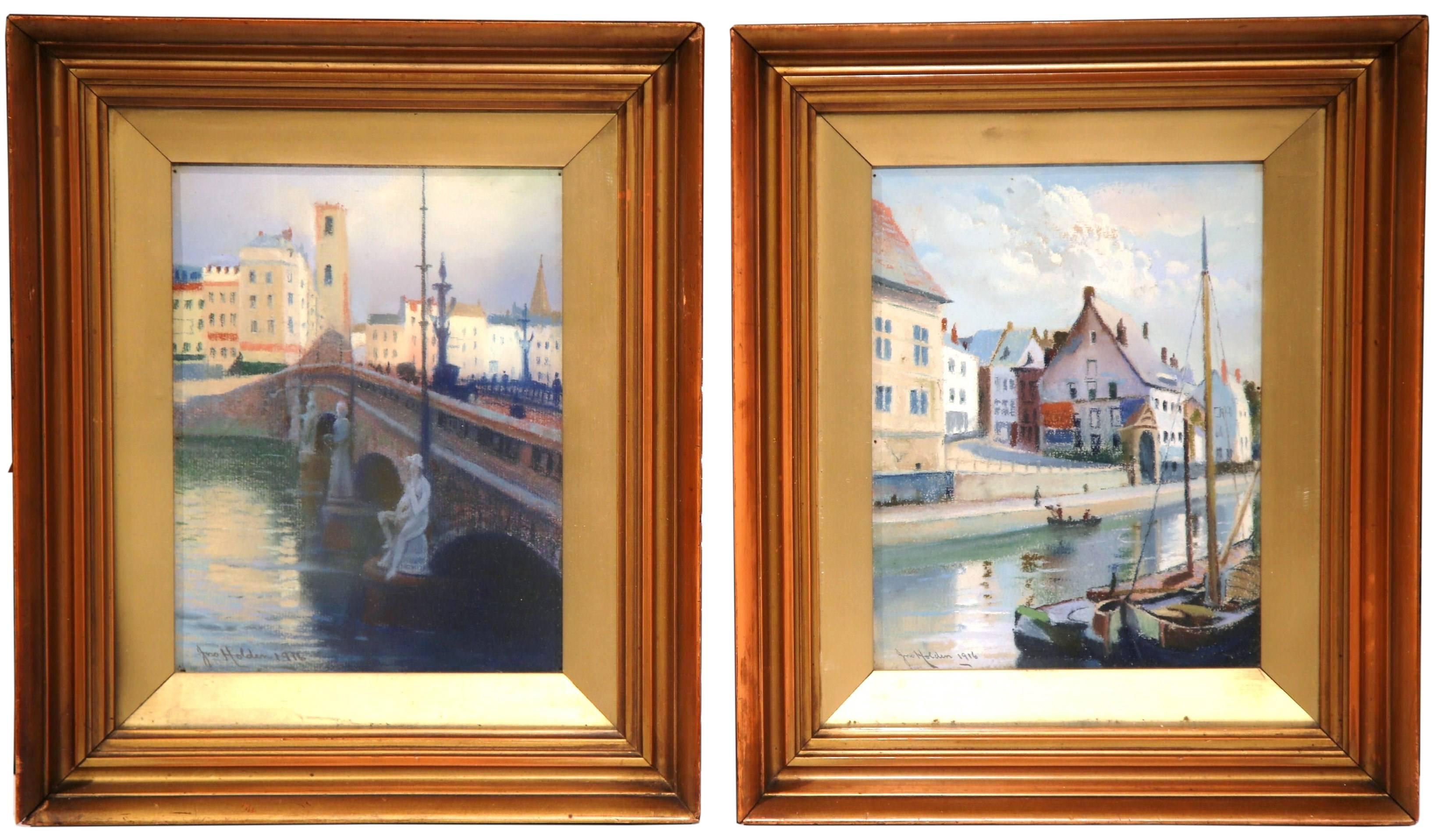 Unknown Landscape Art - Pair of Early 20th Century English Framed Watercolors Scenes Signed and Dated