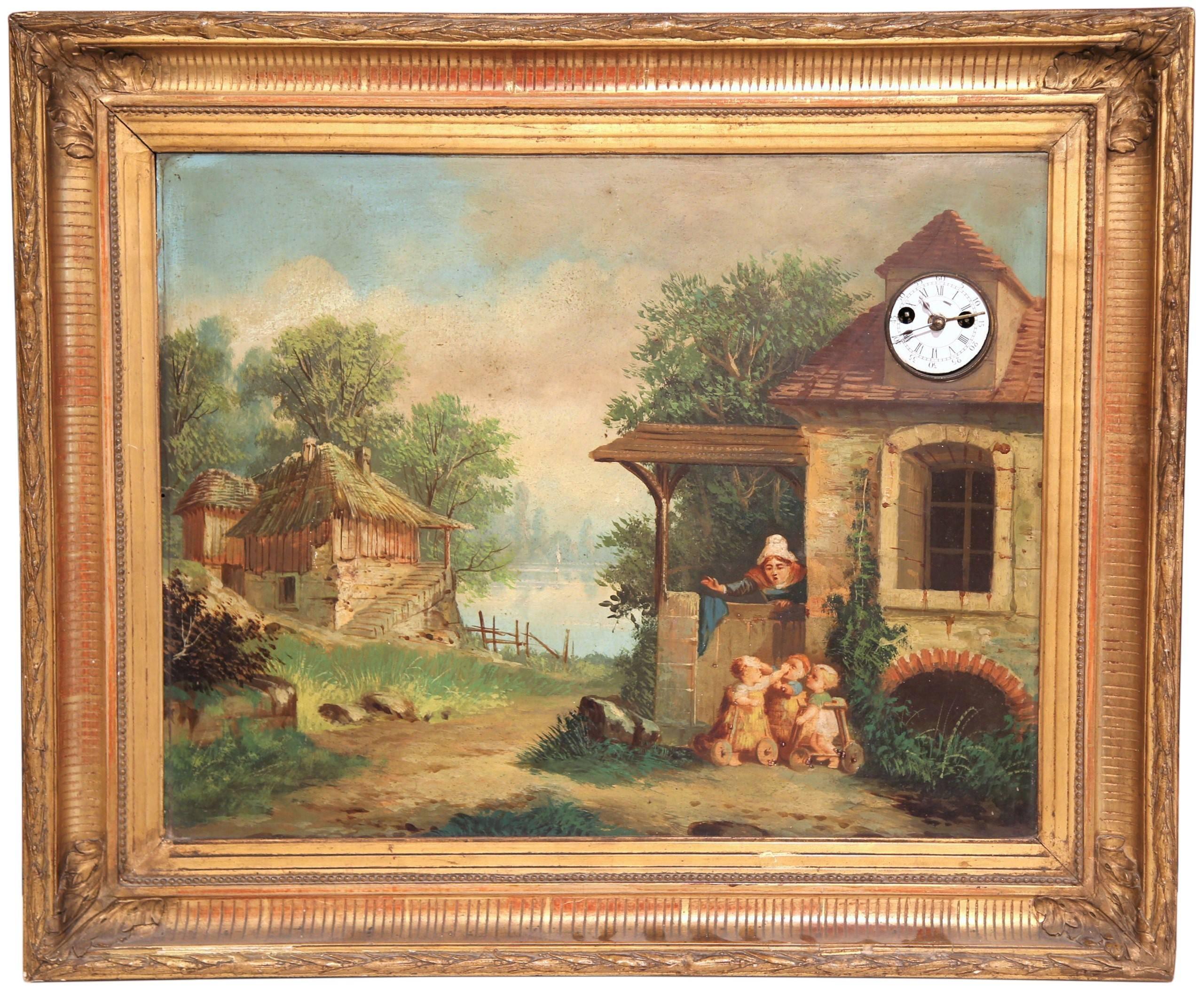 Unknown Landscape Painting - 19th Century French "Clock Painting" with Music Box Both in Working Order